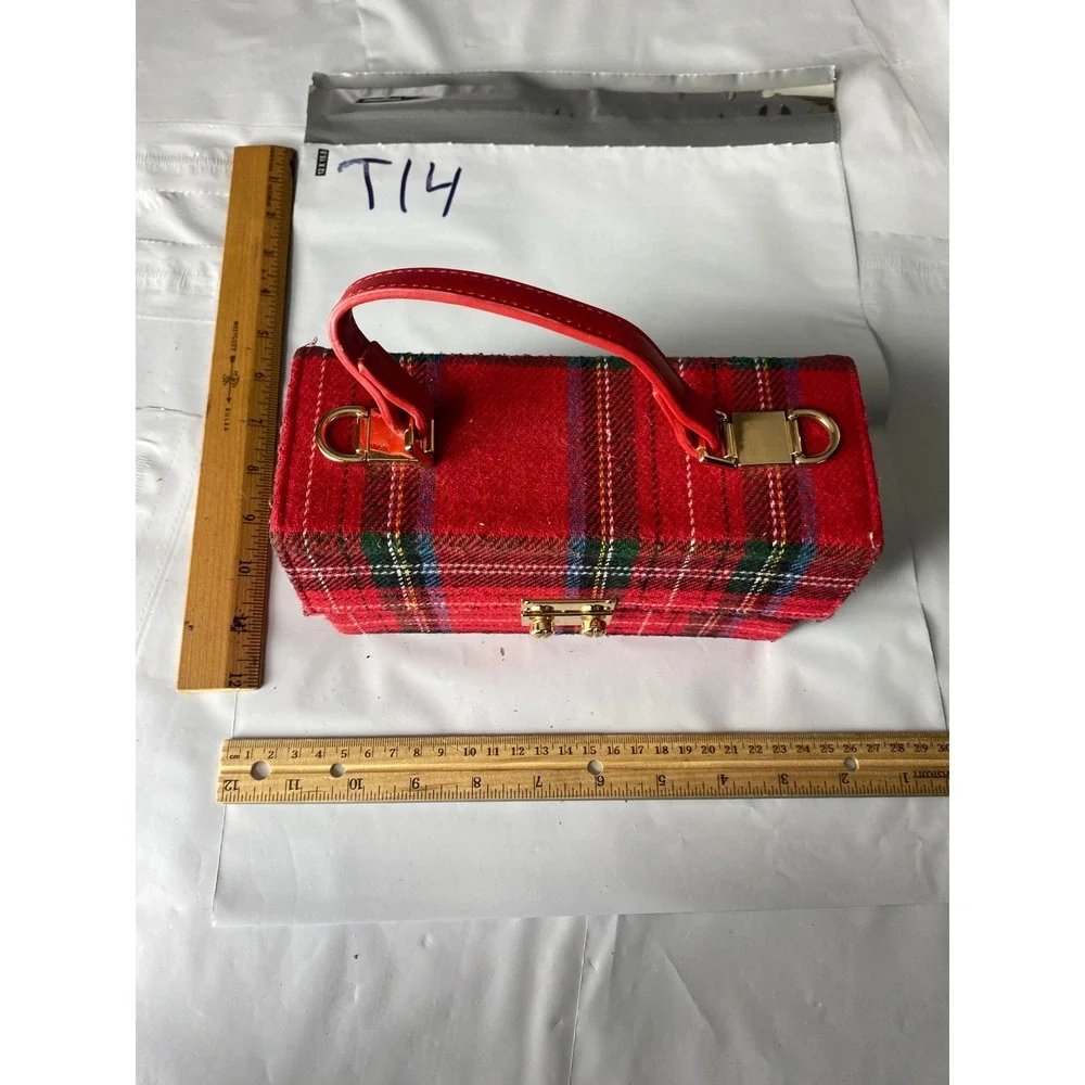 Vintage Red Plaid Wool Clutch Purse With Red Faux Leather Trim‎